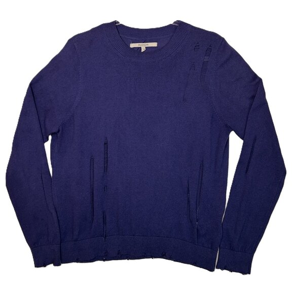 Hudson Sweater Women's Large Blue Distressed Twist Back Cotton-Cashmere Blend LS - Picture 5 of 15